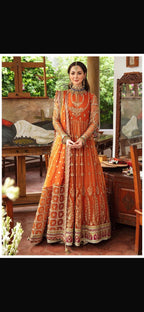 Heavy Embroidered Net Mexi Bridal Suit - Orange Full Front View