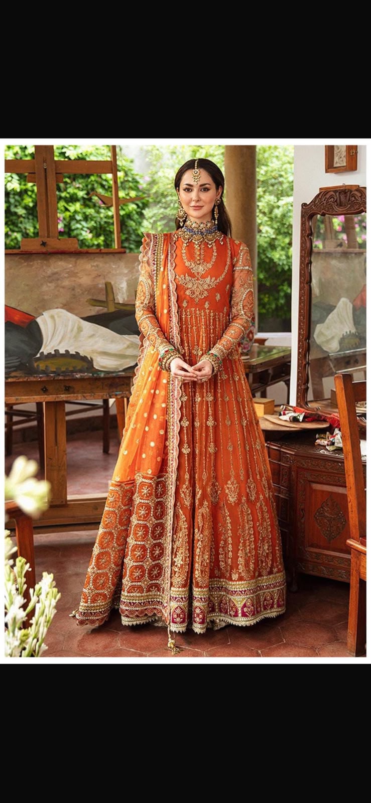 Heavy Embroidered Net Mexi Bridal Suit - Orange Full Front View