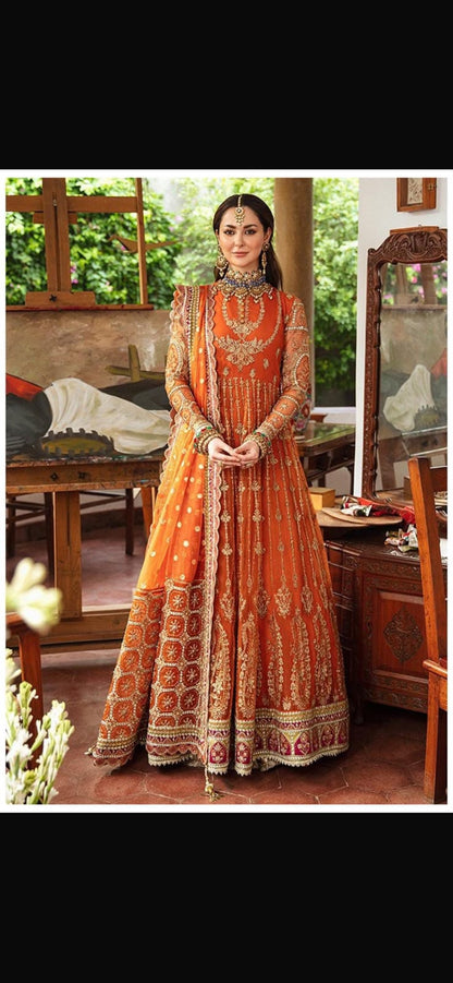 Heavy Embroidered Net Mexi Bridal Suit - Orange Full Front View