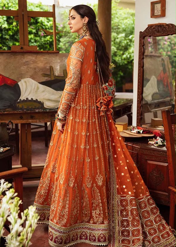 Heavy Embroidered Net Mexi Bridal Suit - Orange Back View