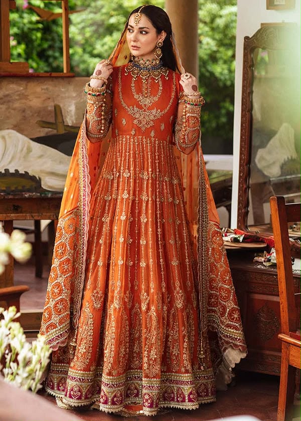 Heavy Embroidered Net Mexi Bridal Suit - Orange Dupatta Drape View