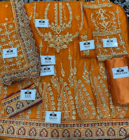 Heavy Embroidered Net Mexi Bridal Suit - Orange Flat Lay All Pieces with Labels