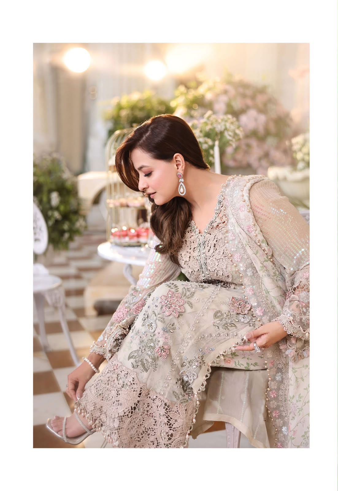 Beige Champagne Chiffon Heavy Embroidered 3PC Suit – Model Wearing Full Suit