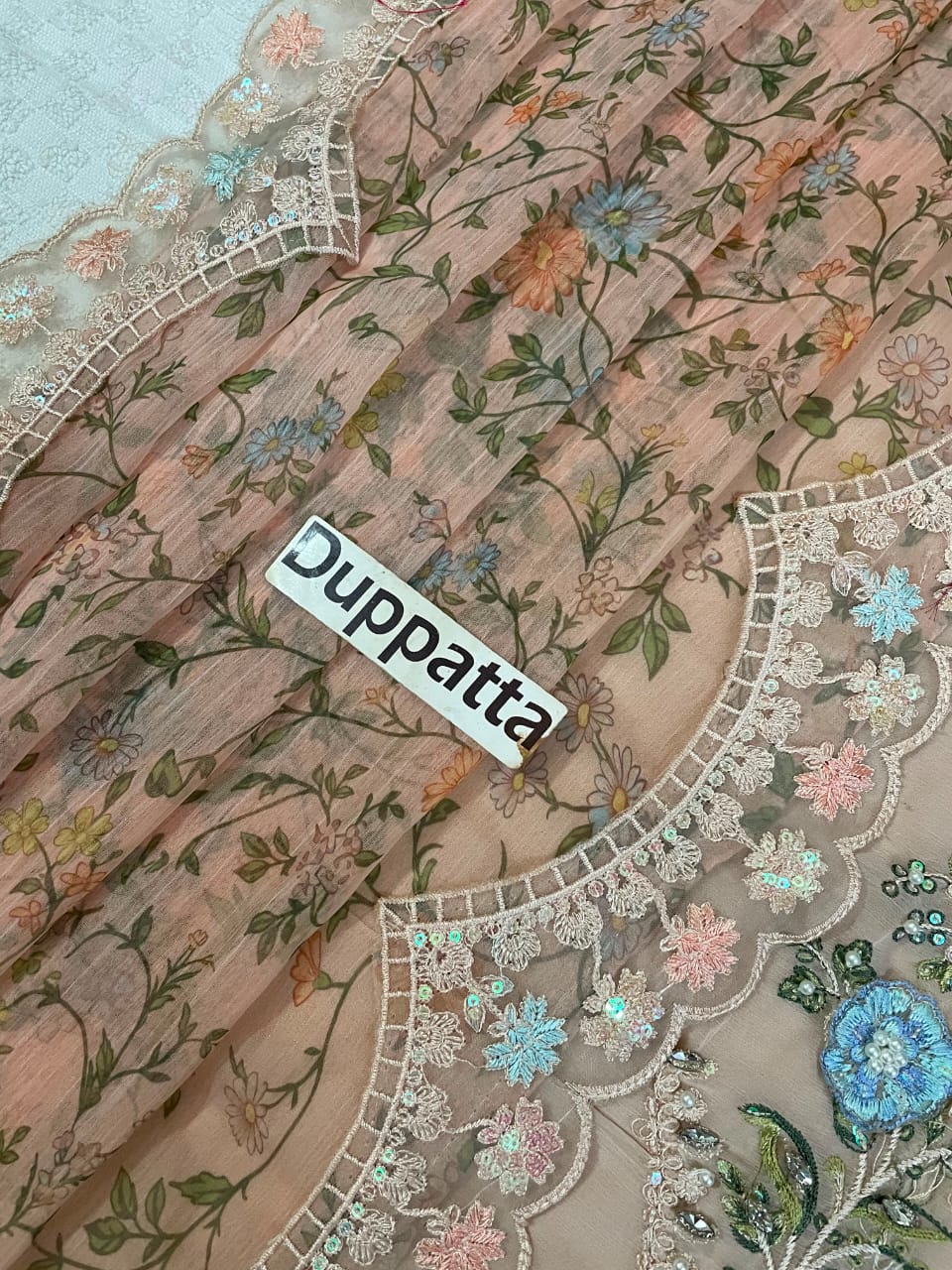 Beige Champagne Chiffon Suit – Printed Shamoz Silk Trouser Detail