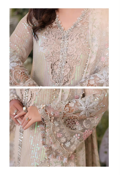 Beige Champagne Chiffon Suit – Front Border Scalloped Lace Cutwork with Tassels