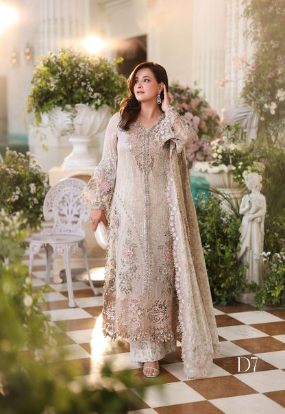 Beige Champagne Chiffon Suit – Full Fabric Flat Lay – Front, Back, Sleeves, Dupatta & Trouser