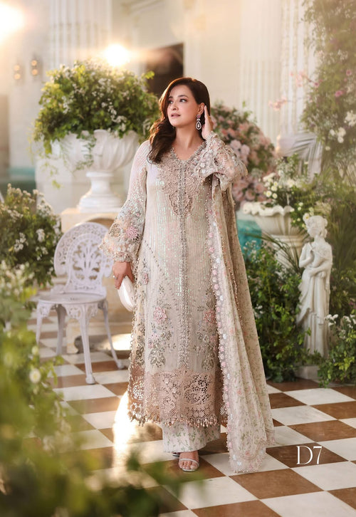 Beige Champagne Chiffon Suit – Full Fabric Flat Lay – Front, Back, Sleeves, Dupatta & Trouser
