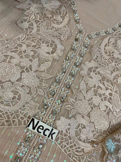 Beige Champagne Chiffon Suit – Daman 3D Flower Work Adda Scalloped Cutwork Border
