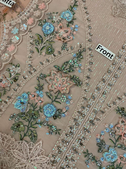 Beige Champagne Chiffon Suit – Sleeves Cuff Heavy Embroidered Cutwork Border