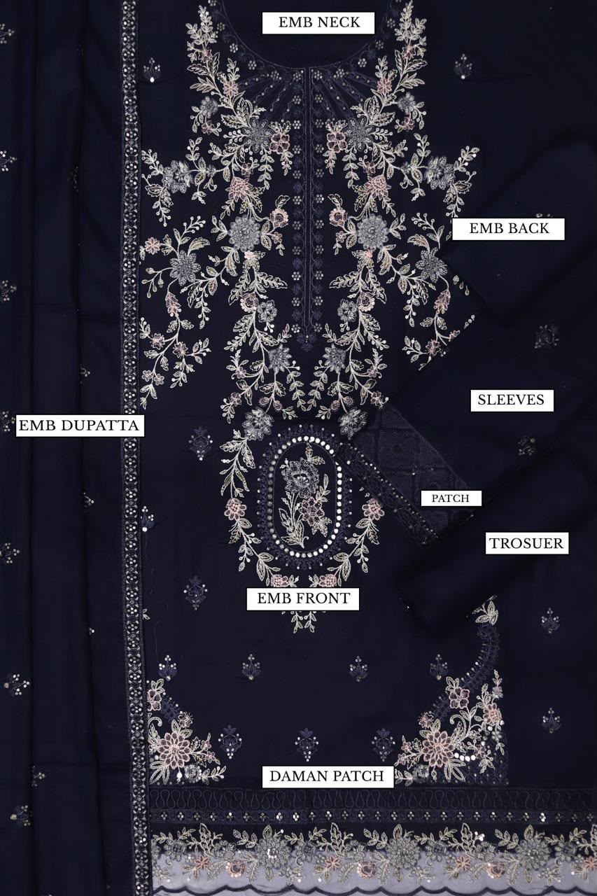 3Pc Heavy Embroidered Lawn Suit - Deep Purple Full Embroidered Flat Lay with Labels