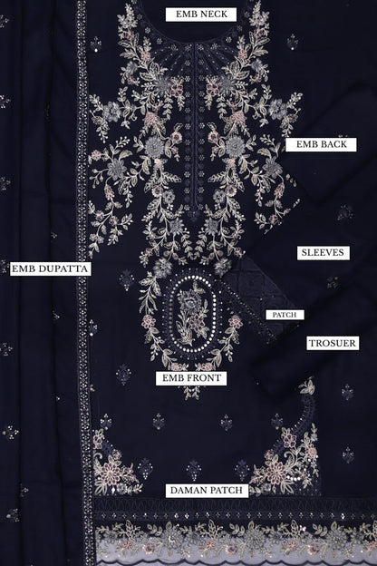 3Pc Heavy Embroidered Lawn Suit - Deep Purple Full Embroidered Flat Lay with Labels