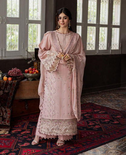 3Pc Heavy Embroidered Lawn Suit - Blush Pink Dupatta Detail Close Up