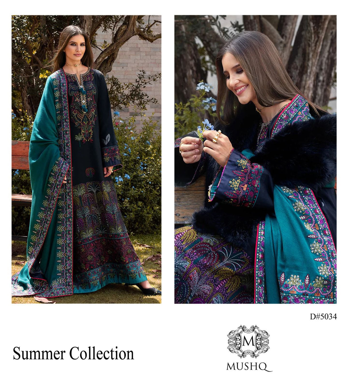 3Pc Heavy Embroidered Lawn Suit - Navy Blue with Teal Dupatta Flat Lay