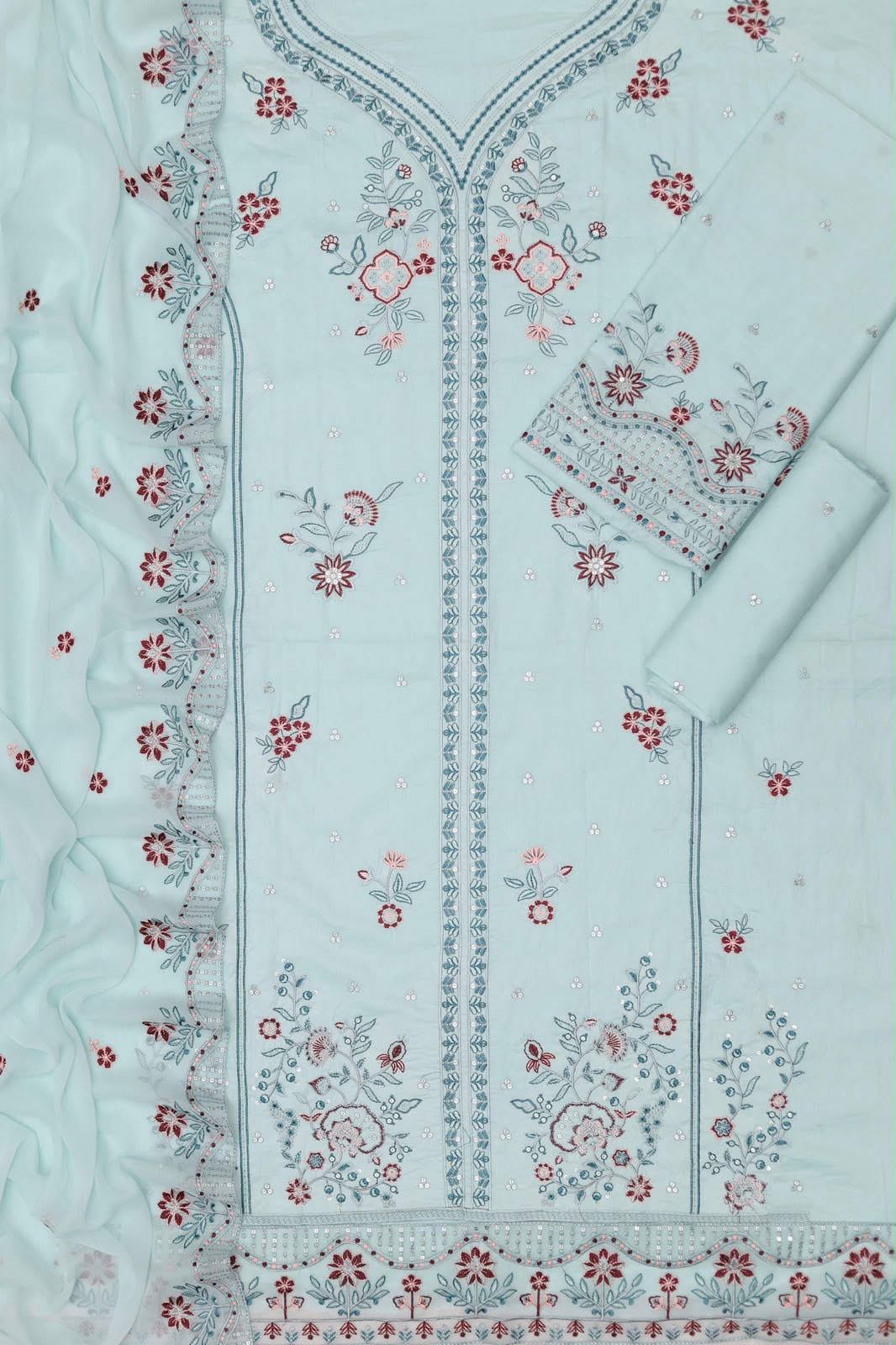 3Pc Heavy Embroidered Lawn Suit - Deep Purple Neck Embroidery Detail