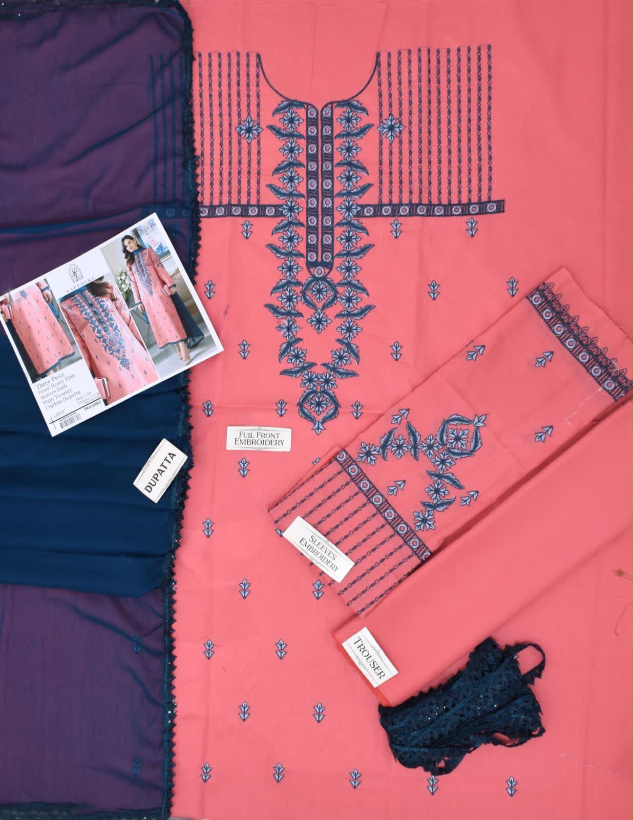 SAPPHIRE Lawn 3PC Heavy Embroidered Suit – Red & Navy Blue – Lawn Collection 2026