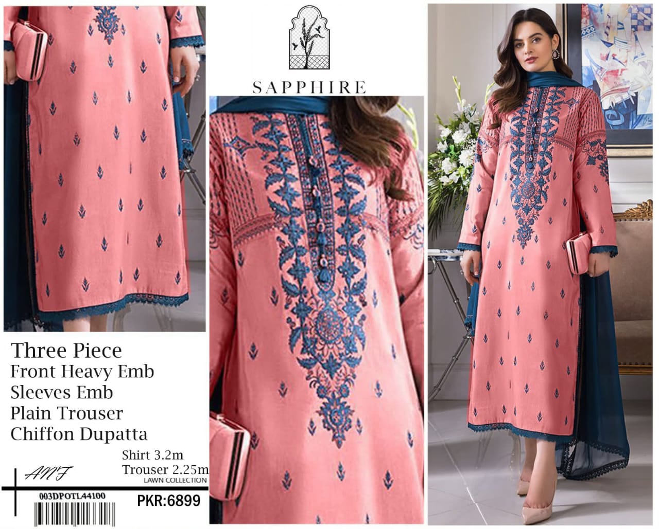 SAPPHIRE Lawn 3PC Heavy Embroidered Suit – Red & Navy Blue – Lawn Collection 2026