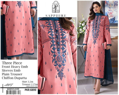 SAPPHIRE Lawn 3PC Heavy Embroidered Suit – Red & Navy Blue – Lawn Collection 2026