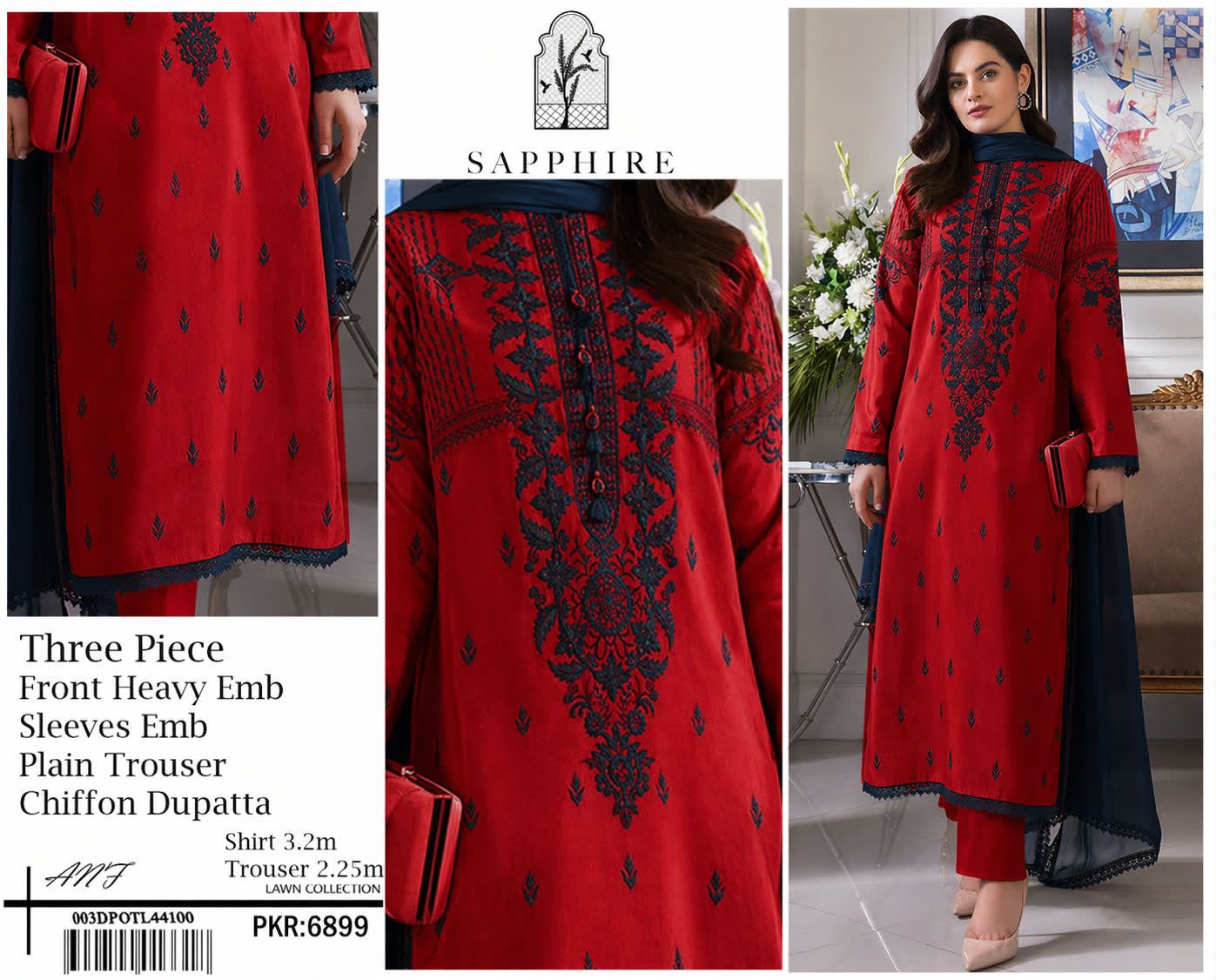 MIRANA Black Lawn 3PC Heavy Embroidered Suit – Model View Front