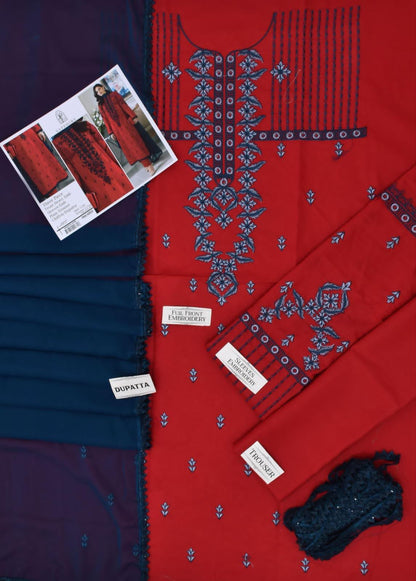 SAPPHIRE Lawn 3PC Heavy Embroidered Suit – Red & Navy Blue – Lawn Collection 2026