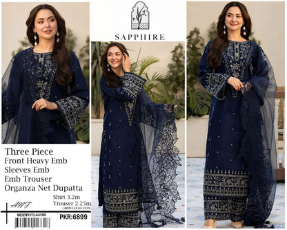 SAPPHIRE Lawn 3PC Heavy Embroidered Suit – Red & Navy Blue – Lawn Collection 2026