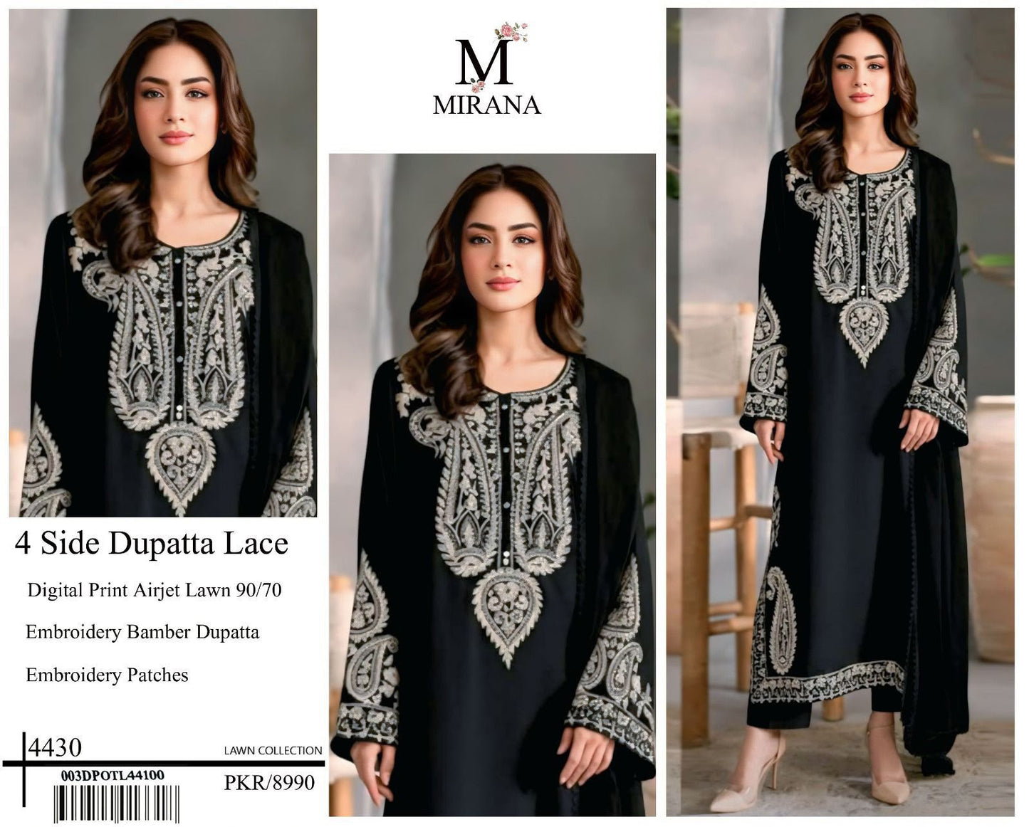 MIRANA Black Lawn Suit – Full Fabric Flat Lay