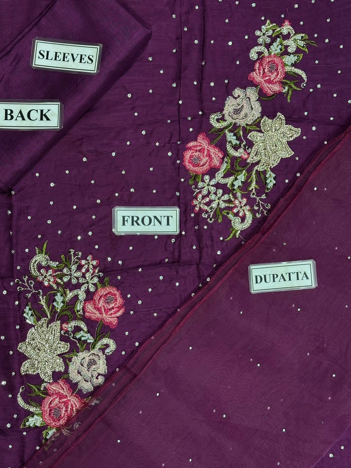 Raw Silk Sequence Adda Work Suit - Purple Flat Lay All Pieces with Labels