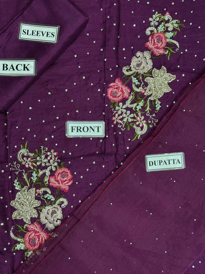 Raw Silk Sequence Adda Work Suit - Purple Flat Lay All Pieces with Labels