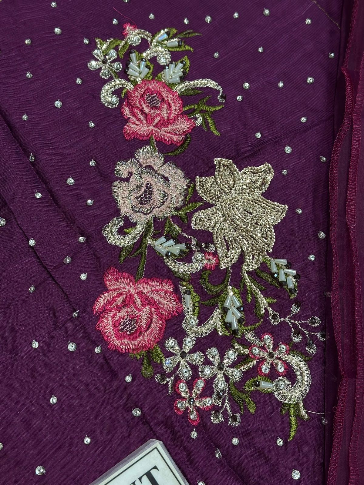 Raw Silk Sequence Adda Work Suit - Purple Adda Work Floral Embroidery Close Up