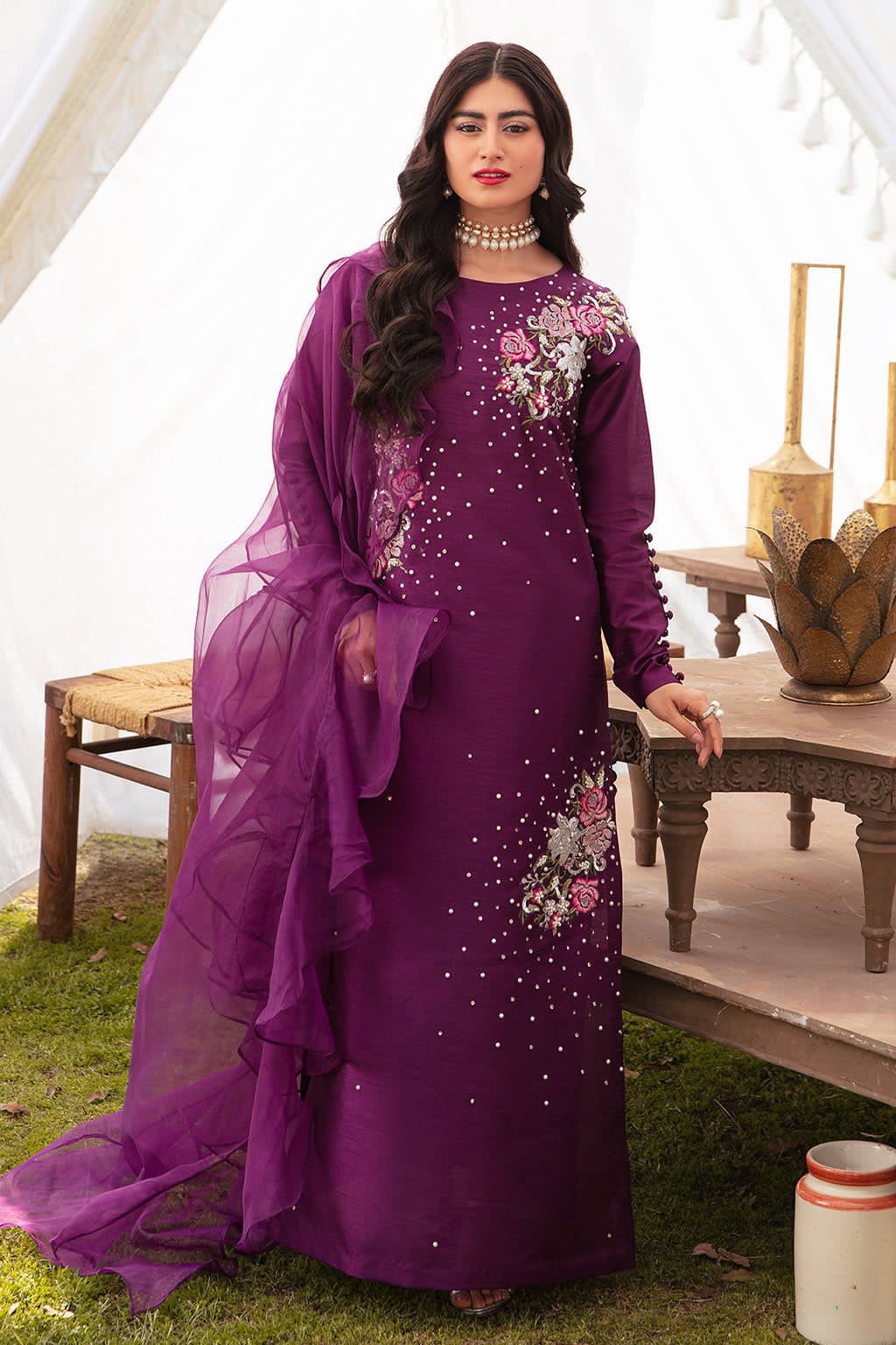 Raw Silk Sequence Adda Work Suit - Model Full Length Outdoor View