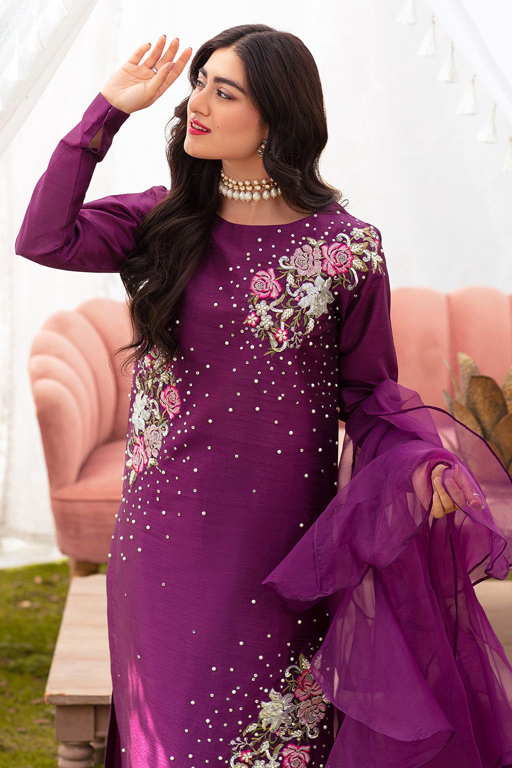 Raw Silk Sequence Adda Work Suit - Model Upper Body Close Up with Dupatta