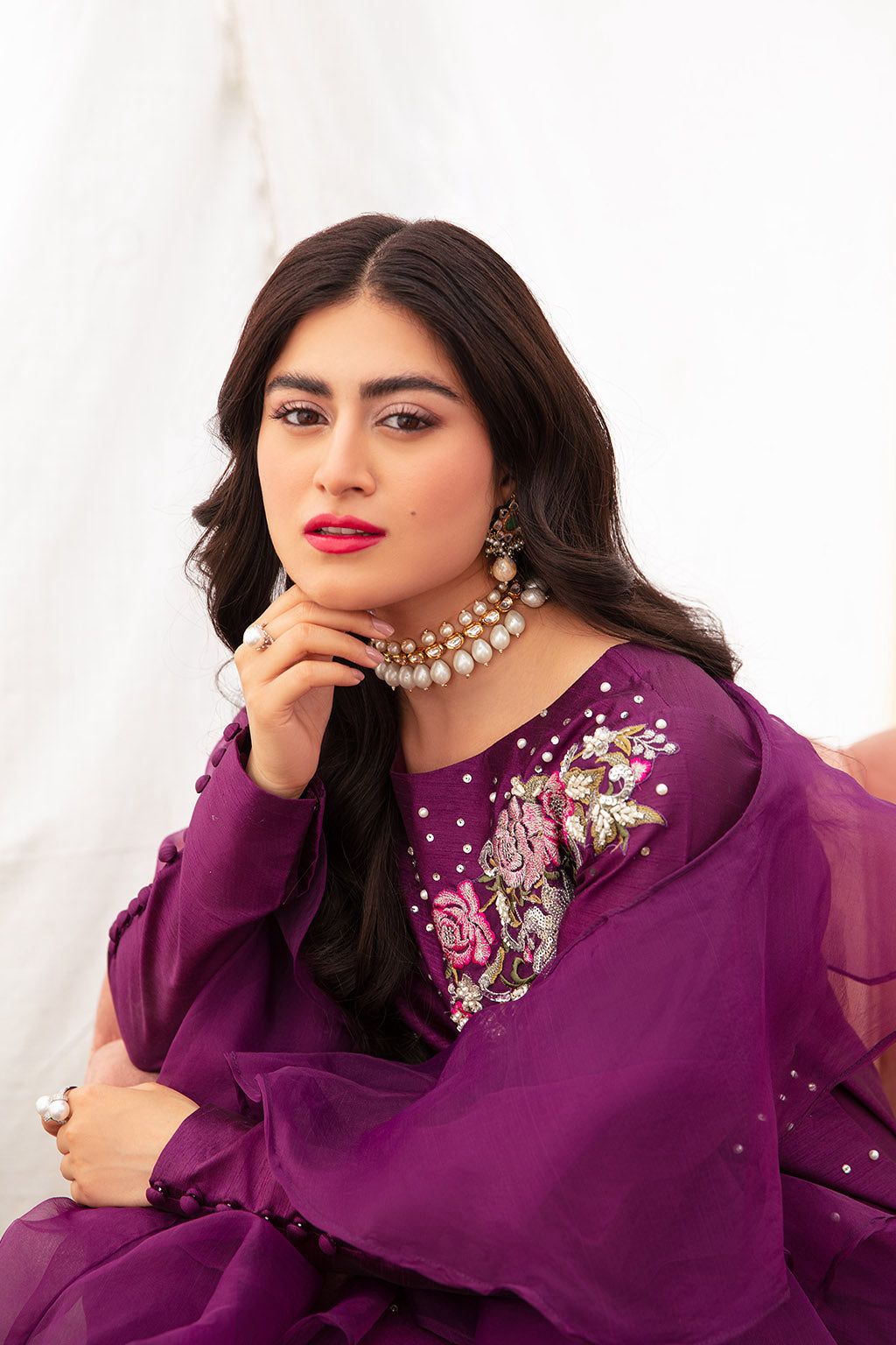 Raw Silk Sequence Adda Work Suit - Model Seated Portrait Close Up Embroidery