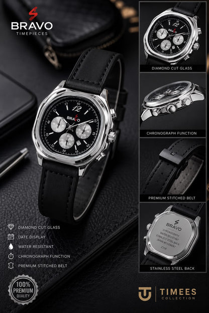 Bravo Timepieces Watch - Silver Black Leather Strap