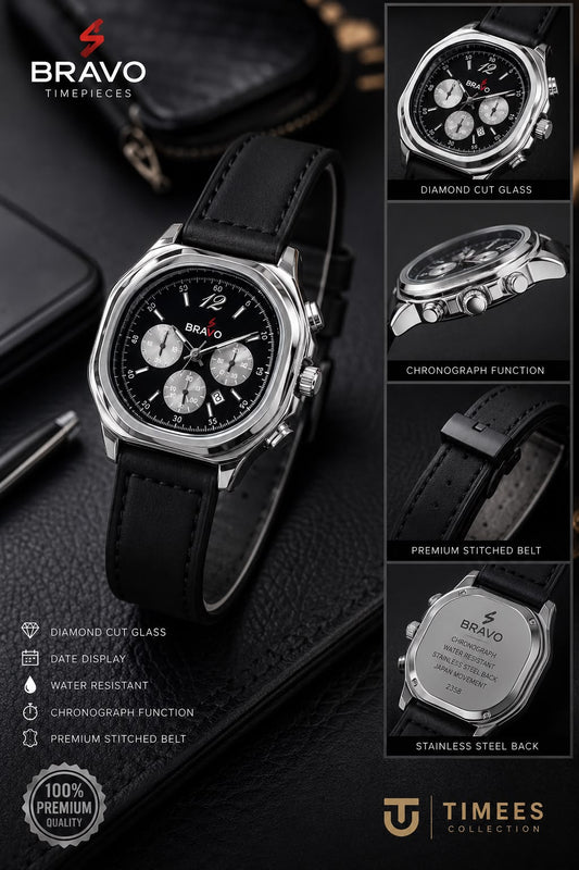 Bravo Timepieces Watch - Silver Black Leather Strap