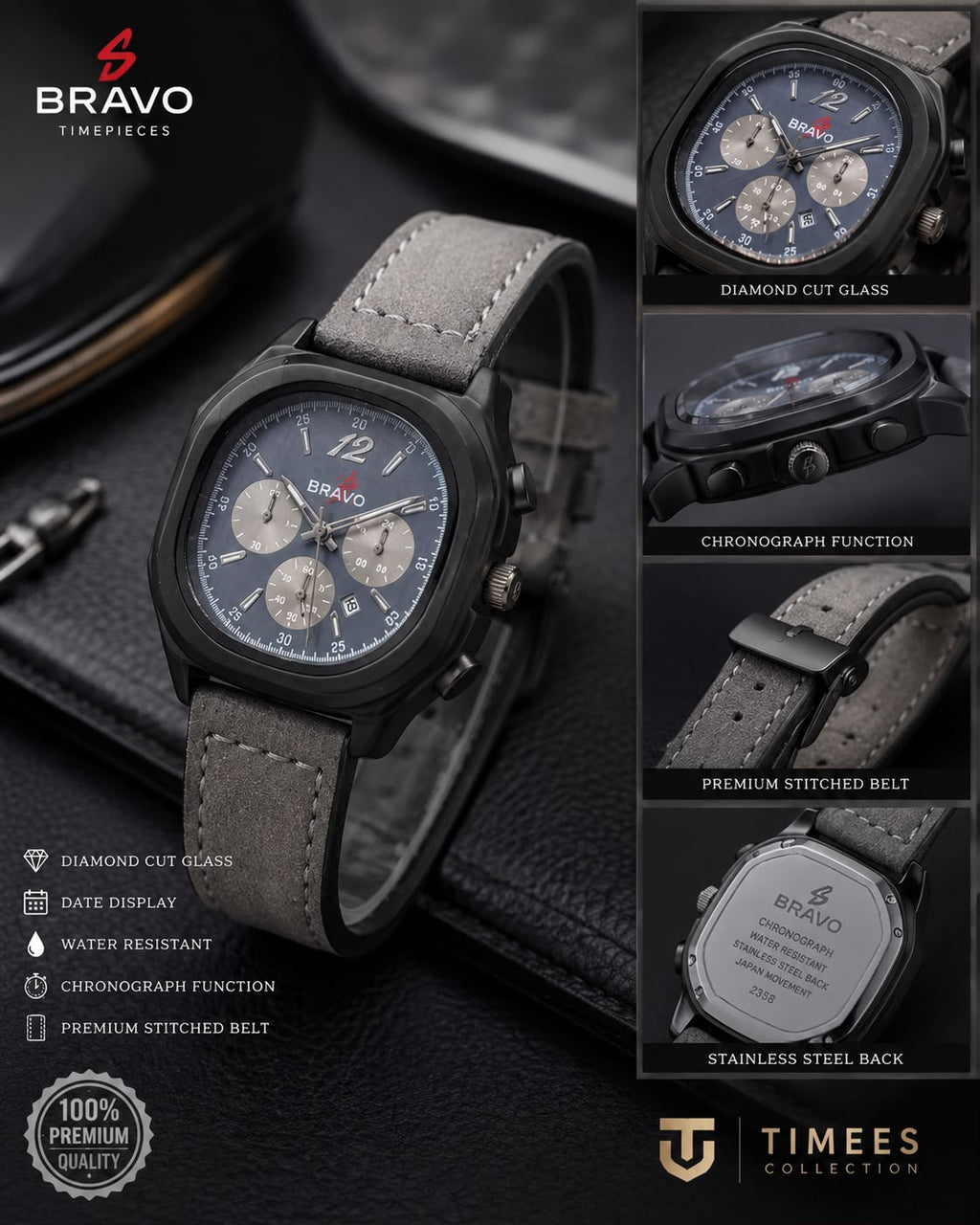 Bravo Timepieces Watch - Full Black Grey Leather Strap