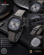 Bravo Timepieces Watch - Full Black Grey Leather Strap