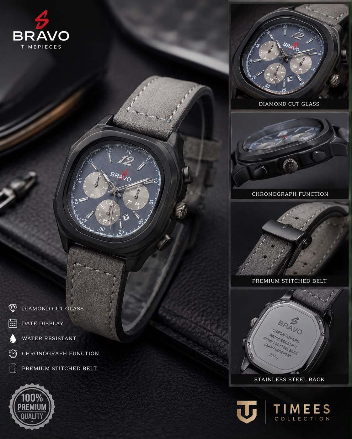 Bravo Timepieces Watch - Full Black Grey Leather Strap