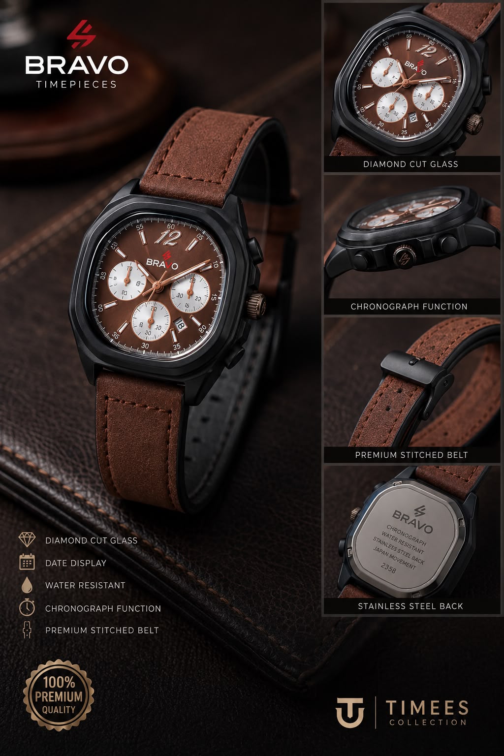 Bravo Timepieces Watch - Black Brown Leather Strap