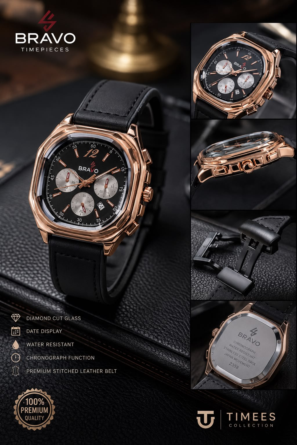 Bravo Timepieces Watch - Rose Gold Black Leather Strap