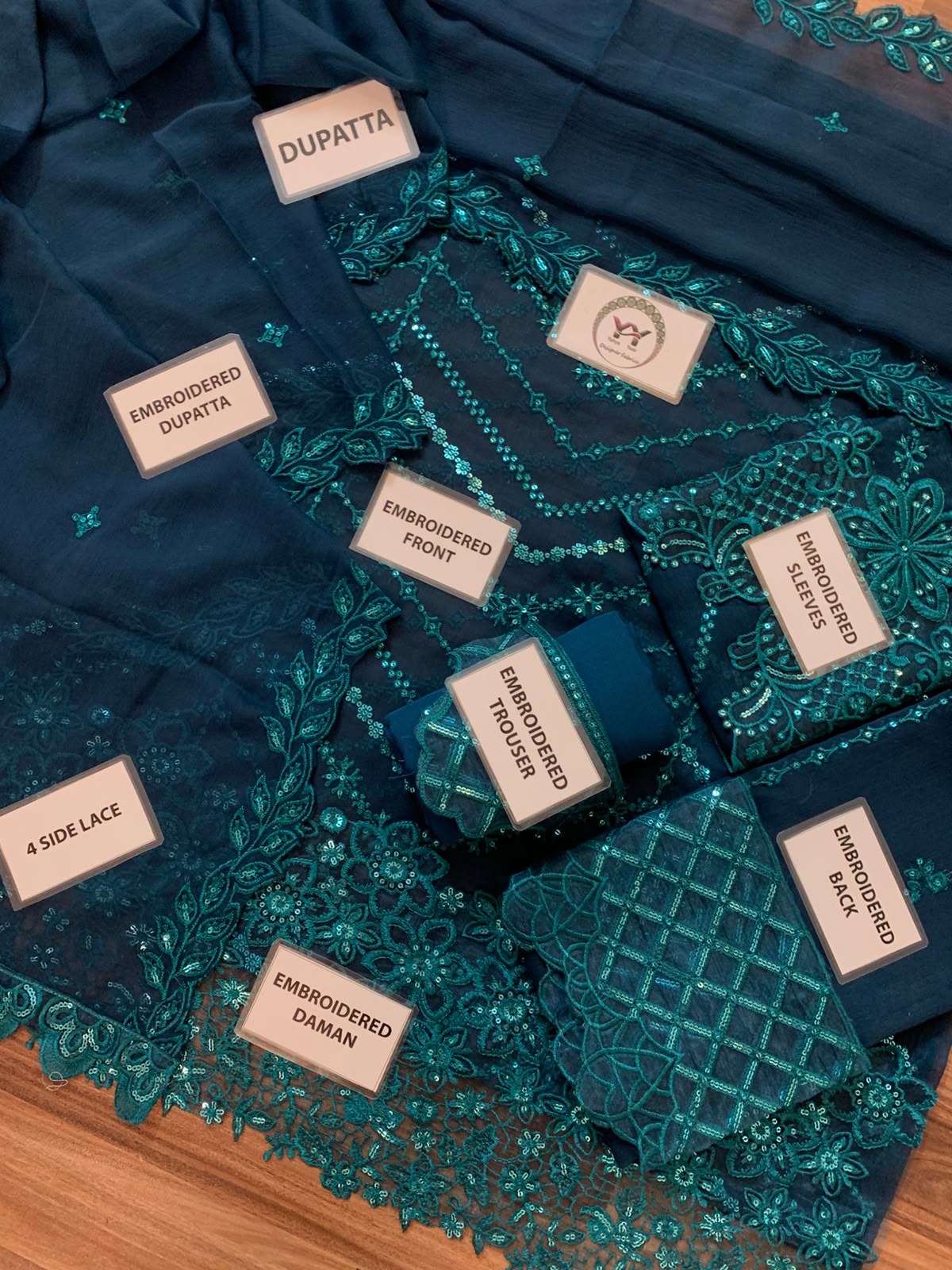 Heavy Sequence Chiffon Suit - Teal Blue Flat Lay All Pieces with Labels Angle 1