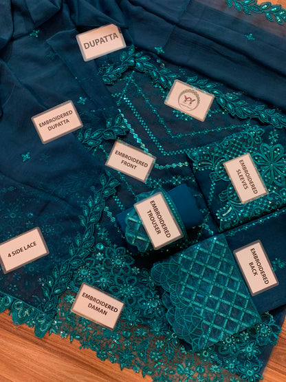 Heavy Sequence Chiffon Suit - Teal Blue Flat Lay All Pieces with Labels Angle 1