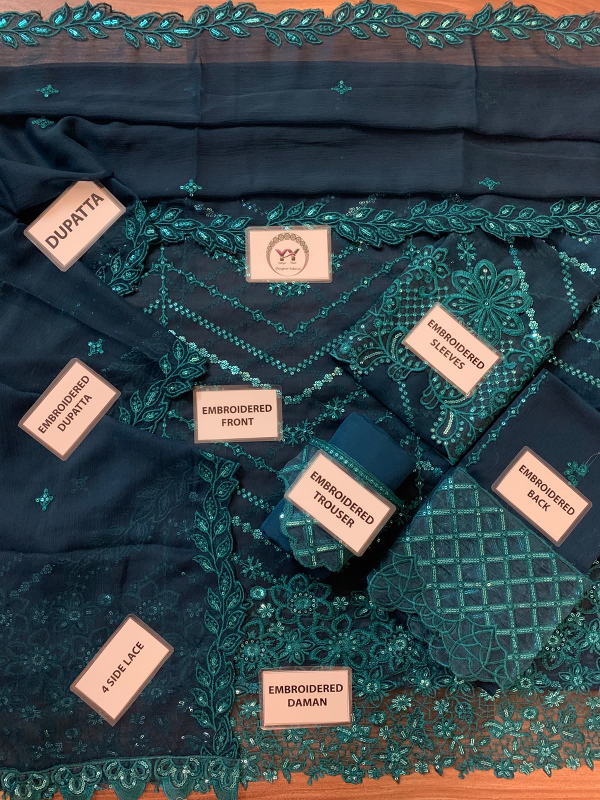 Heavy Sequence Chiffon Suit - Teal Blue Flat Lay All Pieces with Labels Angle 2