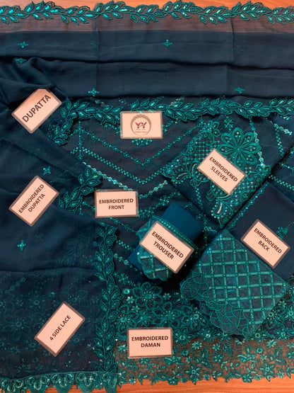 Heavy Sequence Chiffon Suit - Teal Blue Flat Lay All Pieces with Labels Angle 2