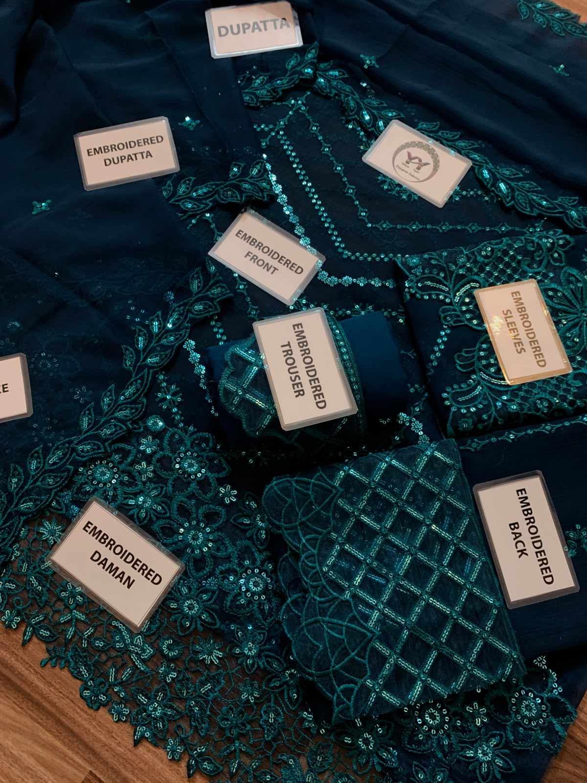 Heavy Sequence Chiffon Suit - Teal Blue Flat Lay All Pieces with Labels Angle 3