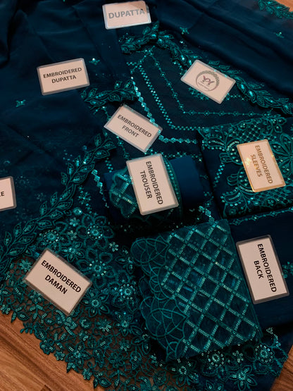 Heavy Sequence Chiffon Suit - Teal Blue Flat Lay All Pieces with Labels Angle 3
