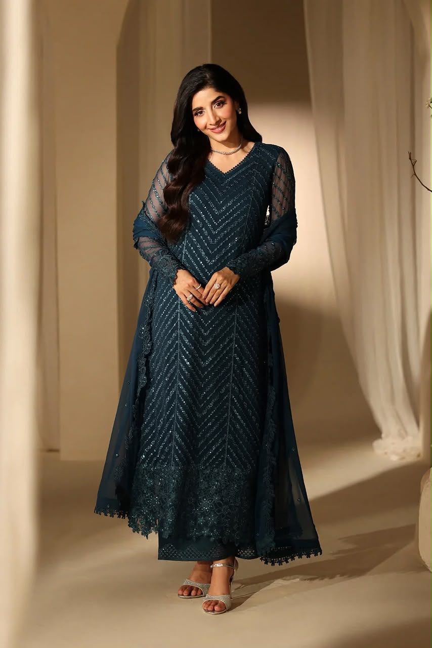 Heavy Sequence Chiffon Suit - Model Full Length Front View Teal Blue