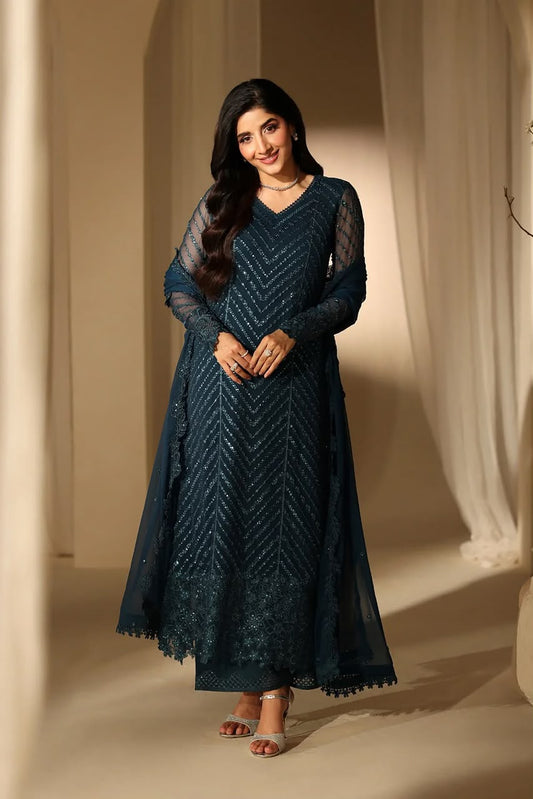 Heavy Sequence Chiffon Suit - Model Full Length Front View Teal Blue