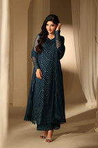 Heavy Sequence Chiffon Suit - Model Full Length Side View Teal Blue