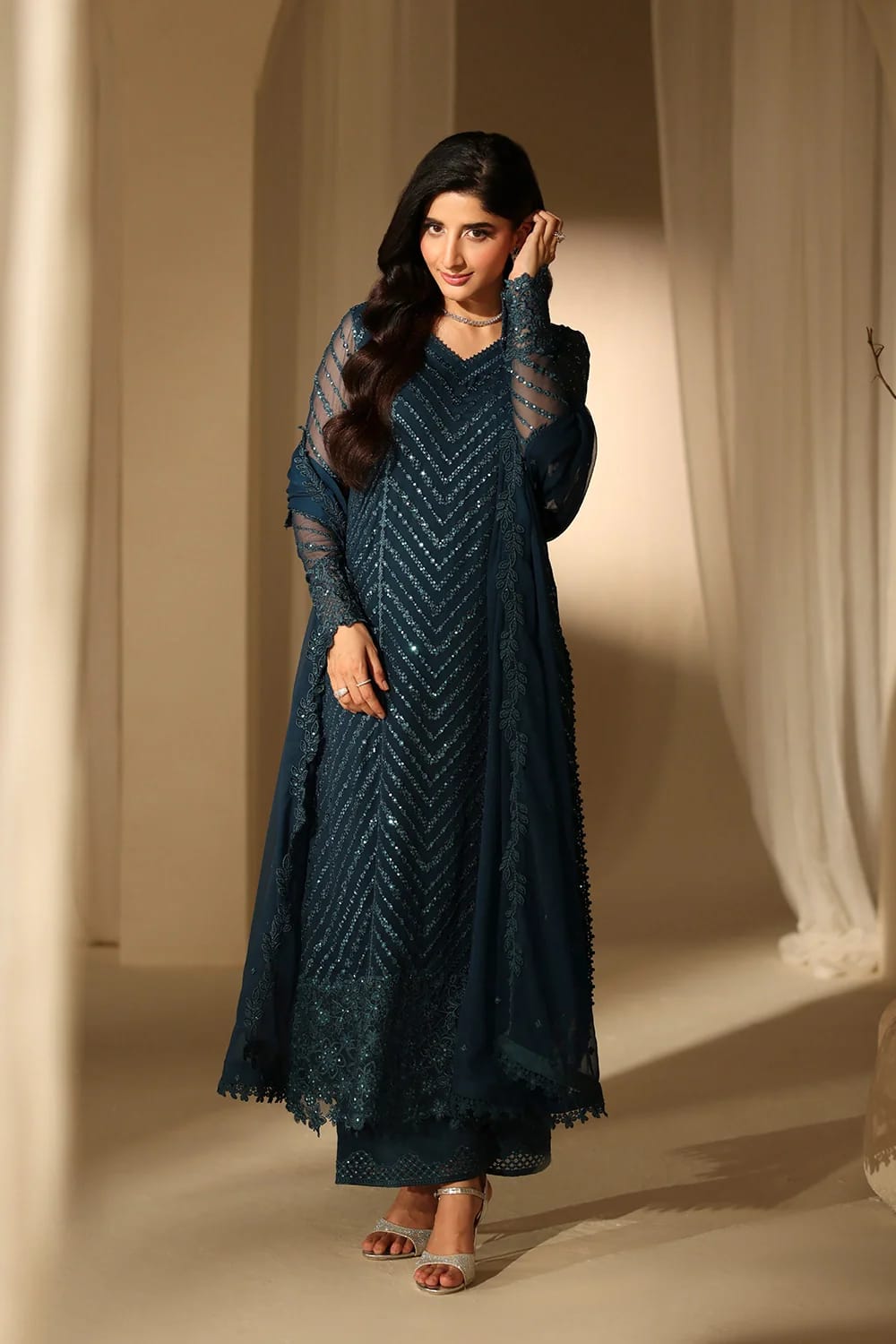 Heavy Sequence Chiffon Suit - Model Full Length Side View Teal Blue