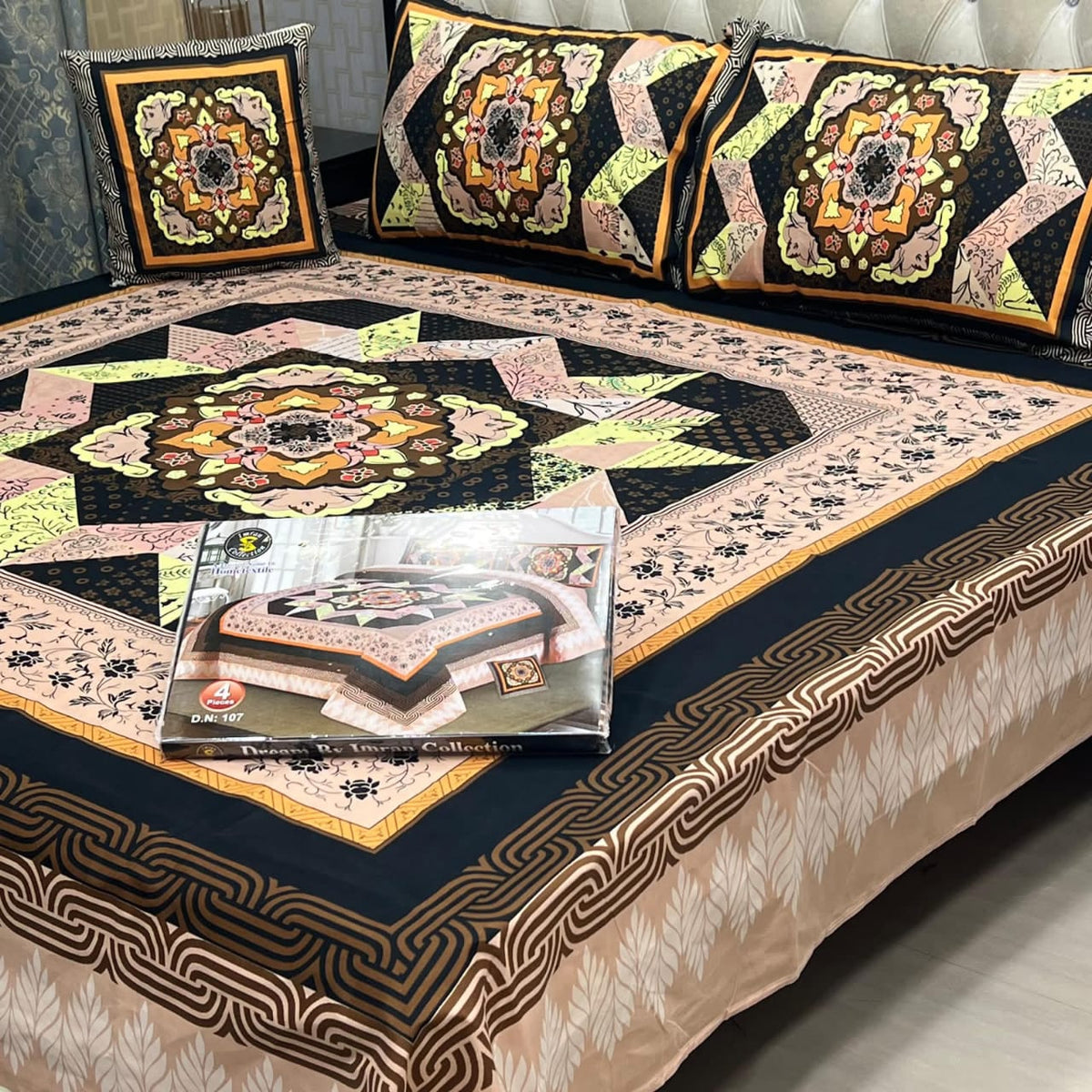 3D Panel Bedsheet Royal Blue Medallion Design