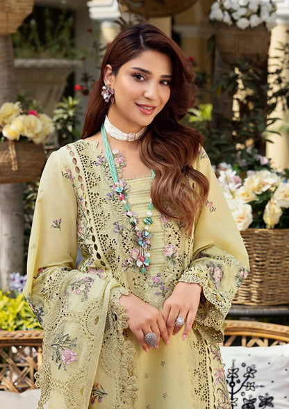 Sage green heavy embroidered chickenkari lawn suit – model full length view